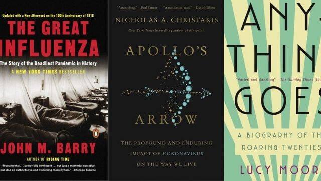 Three books which describe the 1918 influenza spread and the 2021 coronavirus pandemic. Image via The Associated Press