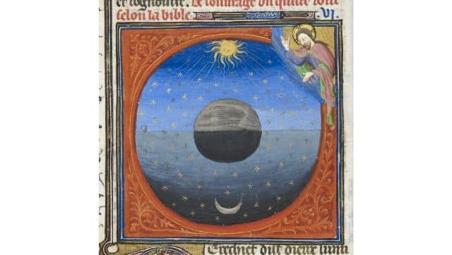 God creates the Moon and Sun in Guyart des Moulins’s Bible historiale (c.1420). British Library, Additional 18856, f. 5v. British Library Catalogue of Illuminated Manuscripts via The Conversation
