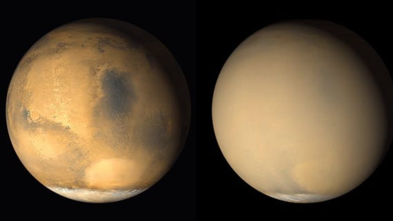 Mars before (left) and during (right) a dust storm. Image credit: NASA/JPL-Caltech/MSSS, CC BY