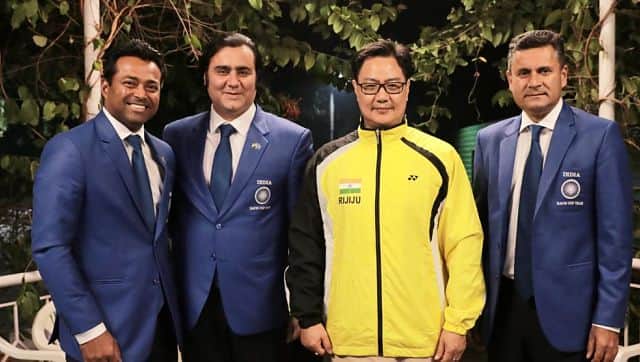 Leander Paes, Rohit Rajpal (second from right), sports minister Kiren Rijiju and Zeeshan Ali. Image courtesy: Twitter/KirenRijiju