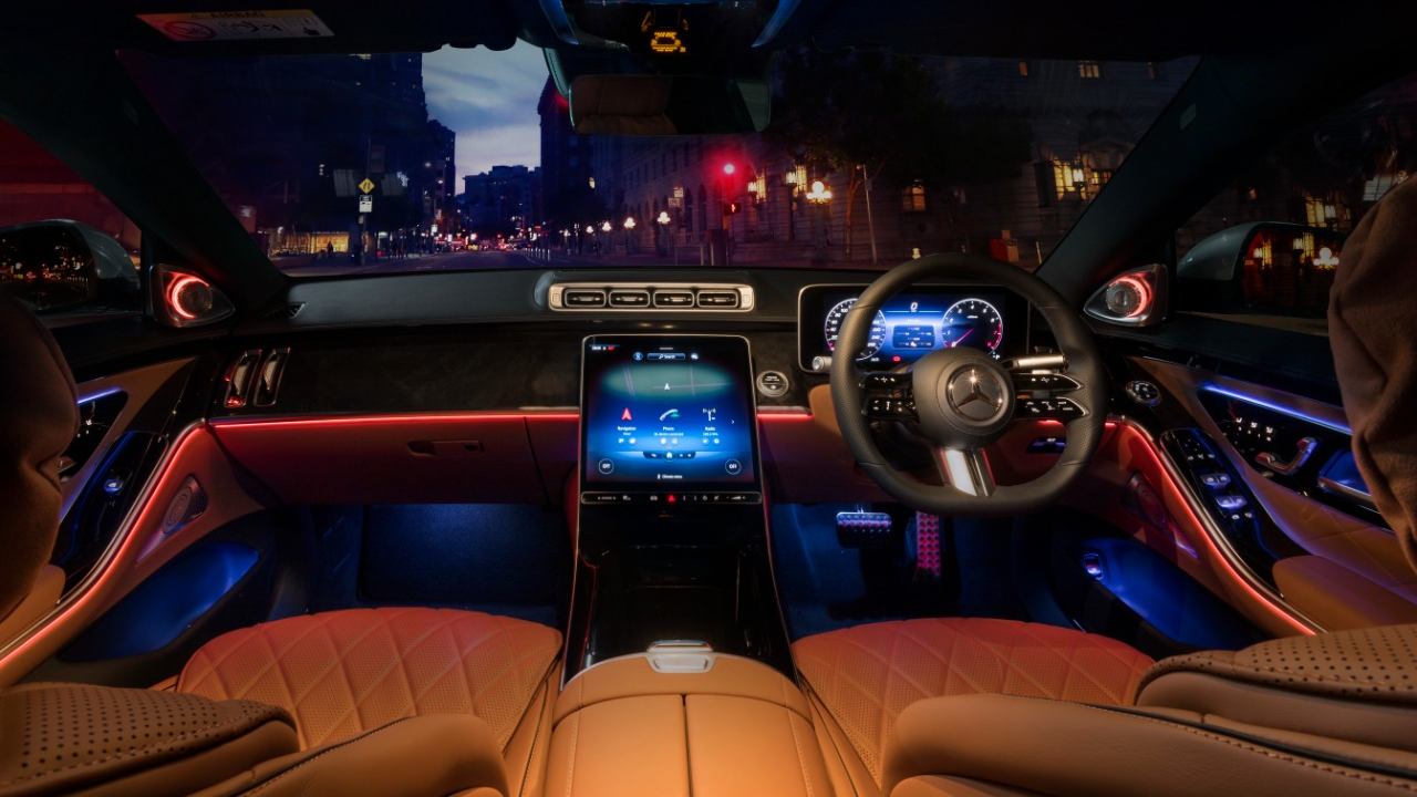 Taking centre stage inside the new S-Class is a 12.8-inch OLED touchscreen infotainment system, which runs the latest MBUX infotainment system. Image: Mercedes-Benz