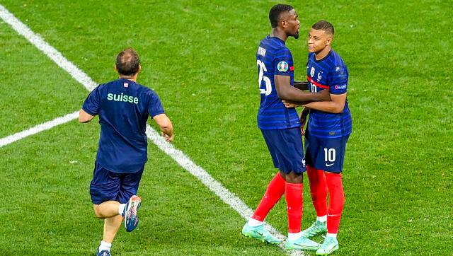 France&rsquo;s Marcus Thuram consoles teammate Kylian Mbappe, right, after he missed a penalty during the Euro 2020 match between France and Switzerland. AP