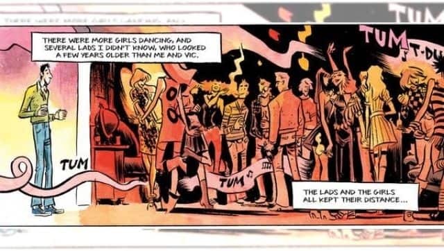 The How to Talk to Girls at Parties party scene (created by Neil Gaiman, Fábio Moon and Gabriel Bá) gives us a sense of how the scene sounds to the characters in it. Author provided
