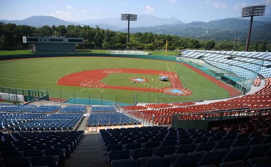 (FILES) This file photo taken on August 3, 2019 shows Fukushima Azuma baseball stadium, venue for the baseball and softball in Fukushima. - From a state-of-the-art aquatics centre to a historic martial arts arena whose roof resembles Mount Fuji, Tokyo's Olympic sites are ready for action after a year's virus delay. (Photo by CHARLY TRIBALLEAU / AFP)