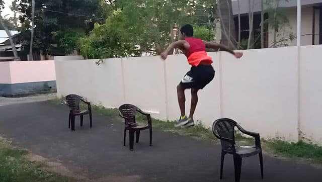 Long jumper Murali Sreeshankar lined up five plastic chairs to jump over them to keep himself sharp during the lockdown. Image courtesy: Screengrab from video shared by JSW Sports