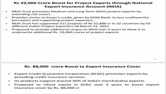 Sitharaman announced Rs 33,000 crore boost for NEIA and Rs 88,000 crore to ECGC. PIB