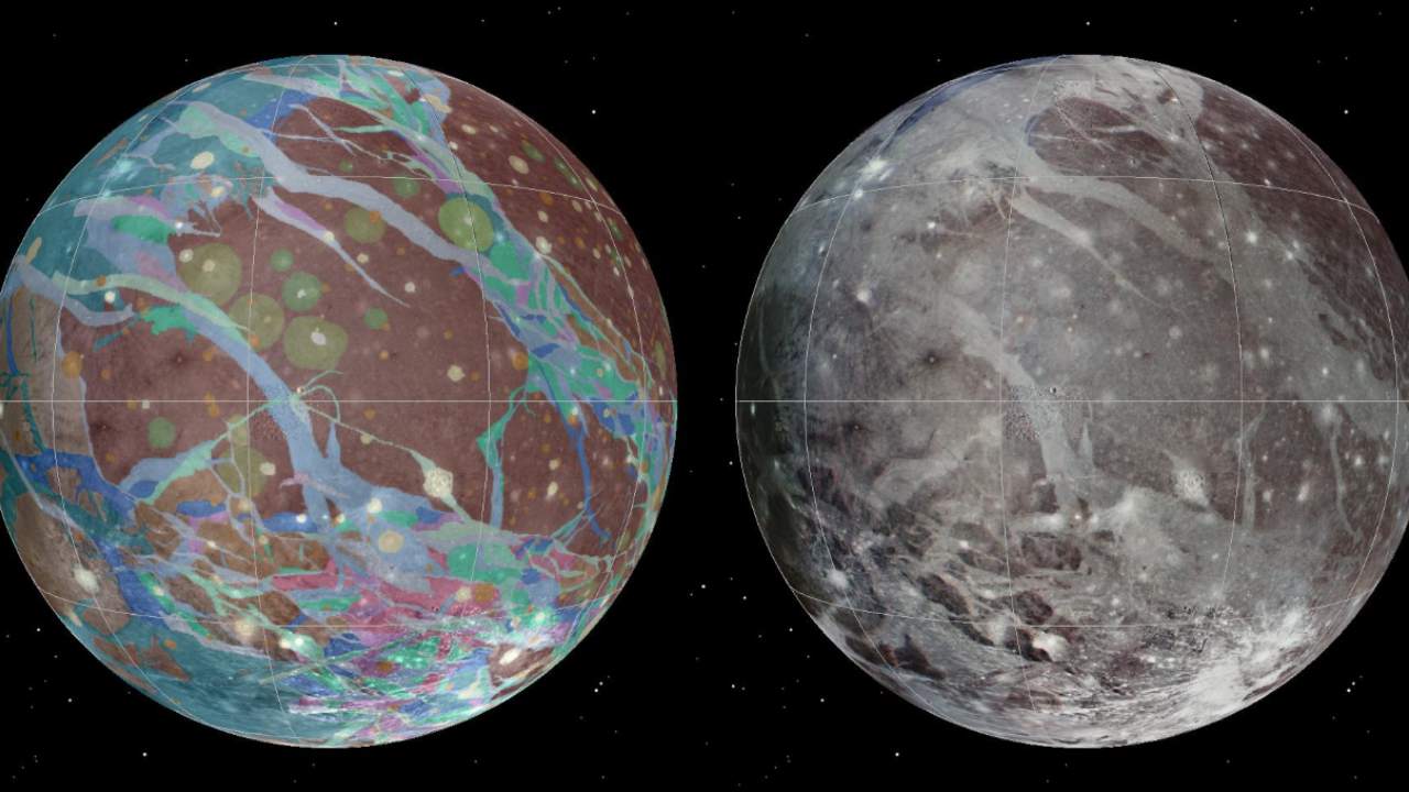 Left to right: The mosaic and geologic maps of Jupiter’s moon Ganymede were assembled incorporating the best available imagery from NASA’s Voyager 1 and 2 spacecraft and NASA’s Galileo spacecraft. Credit: USGS Astrogeology Science Center/Wheaton/NASA/JPL-Caltech