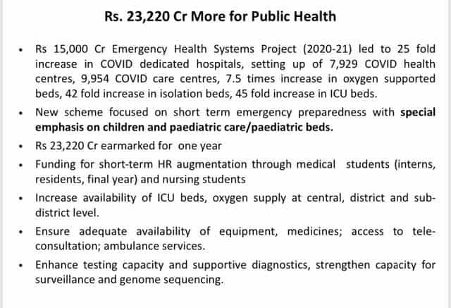 Sitharaman announced an additional Rs 23,320 crore for public health. PIB