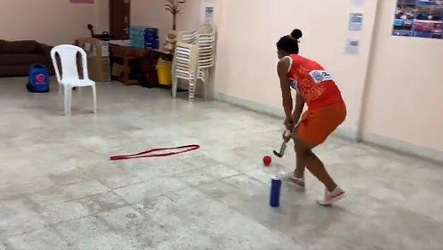 Indian women’s hockey team captain Rani Rampal created an obstacle course in her room to train and keep her ball control skills sharp. Image courtesy: Screengrab from video posted on Twitter by Rani Rampal