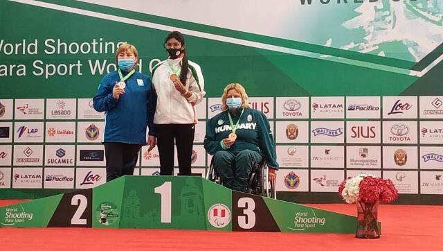 Rubina Francis (centre) clinched gold medal in in the 10m air pistol event in World shooting Para Sport Cup in Peru in June. Special arrangement 