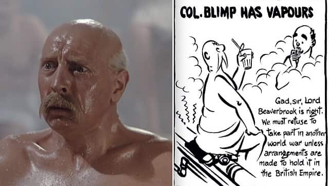 (L) Major General Clive Wynne-Candy, played by Roger Livesey. (R) A panel from a Blimp comic strip