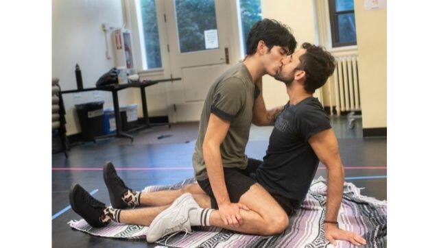 Jose Useche, left, and Noor Hamdi rehearse Victor I. Cazares’s play “>,” part of the National Queer Theater’s Criminal Queerness Festival, in Brooklyn, on 17 June, 2021. Photo via Sara Krulwich/The New York Times