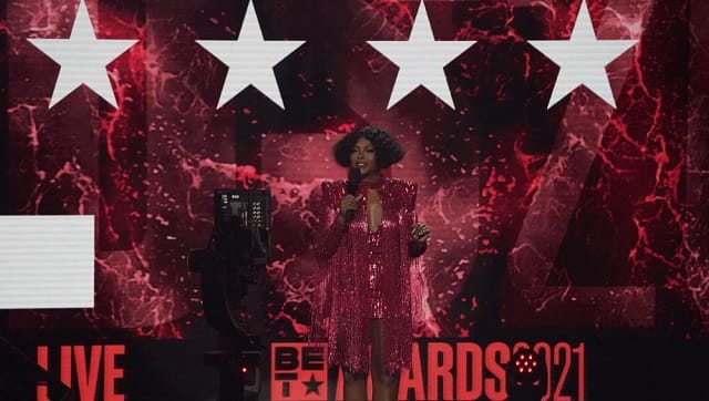 Host Taraji P. Henson speaks at the BET Awards on Sunday, June 27, 2021, at the Microsoft Theater in Los Angeles. (AP Photo/Chris Pizzello)