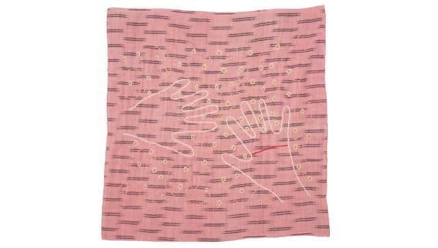 Areez Katki Hands on lap, 2019 Cotton thread hand embroidery over Ikat handkerchief 18.5 x 18.5 inches Copyright: Copyright Areez Katki, 2019 Courtesy: Courtesy of Areez Katki and TARQ