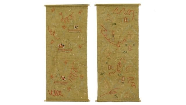 Temples & Shrines, 2018 Cotton thread hand embroidery on 60% silk/ 40% cotton khadi textile. Mounted with NZ pine dowels. 51.3 x 22 inches each (diptych) Copyright: Copyright Areez Katki, 2018 Courtesy: Courtesy of Areez Katki and TARQ