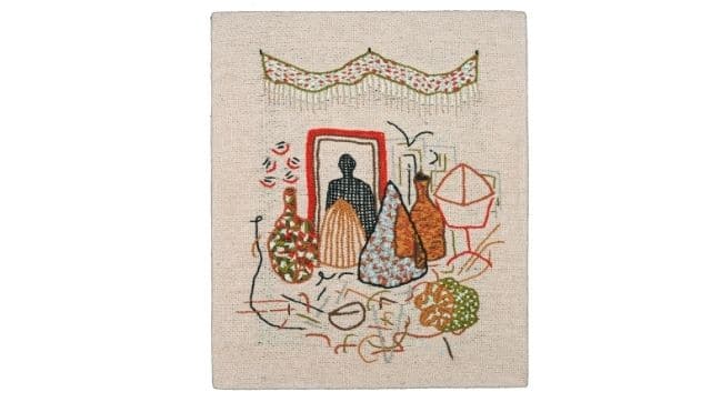 Areez Katki Shrine (Still Life with Partially Squeezed Lime), 2018 Cotton thread hand embroidery on cotton khatka 14.9 x 12.5 inches Copyright: Copyright Areez Katki, 2018 Courtesy: Courtesy of Areez Katki and TARQ