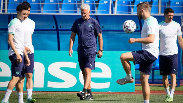 Switzerland&rsquo;s manager Vladimir Petkovic, centre, arrives for training session at the Petrovsky stadium in St. Petersburg, Russia. AP