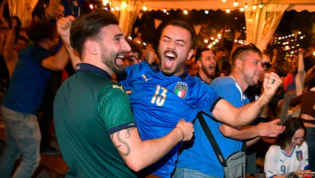 Supporters of Italy celebrate after their team’s victory, in Zurich, Switzerland, Sunday, 11 July, 2021, at the end of the UEFA Euro 2020 championship final match between Italy and England in London. AP