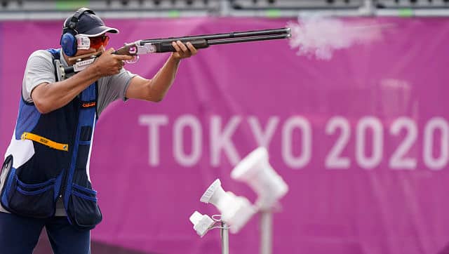 Abdullah Alrashidi, of Kuwait, competes in the men’s skeet at the Asaka Shooting Range. AP