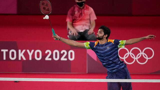 Sai Praneeth of India competes against Netherland’s Mark Caljown during men’s singles match. AP