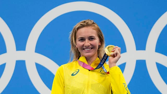 Australia’s Ariarne Titmus beat swimming great Katie Ledecky to claim gold in the women’s 400 metre freestyle swimming competition. She registered the second-fastest time in history of 3 minutes, 56.69 seconds. AP 