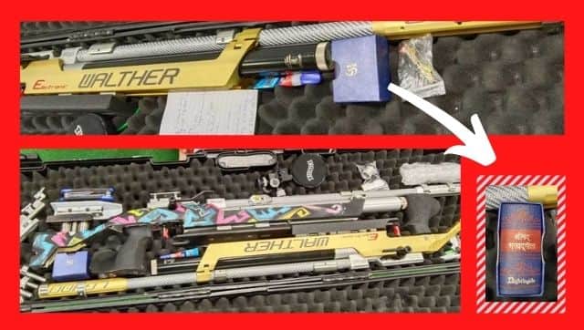 The tiny Bhagawad Gita has found a place in Divyansh Singh Panwar's rifle case. Image courtesy: Deepak Kumar Dubey