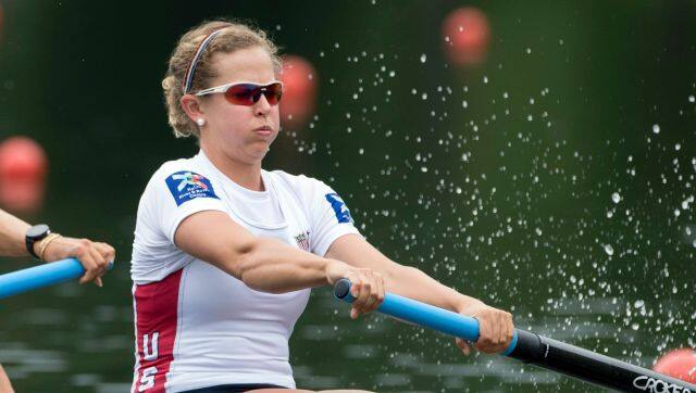 Grace Luczak and Felice Mueller, from right, of the US compete at the Women's Pair Final race at the Rowing World Cup on Lake Rotsee in Lucerne, Switzerland, Sunday, May 29, 2016. (Urs Flueeler/Keystone via AP)