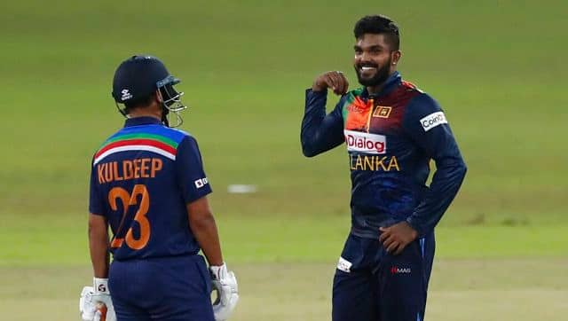 Wanindu Hasaranga, who celebrated his 24th birthday on Thursday, is all smiles in this photo and he has every reason to be. He finished the match with figures of 4/9, earning him the Man of the Match as well as the Man of the Series Award. He topped the bowling charts in T20 series with seven wickets. AP