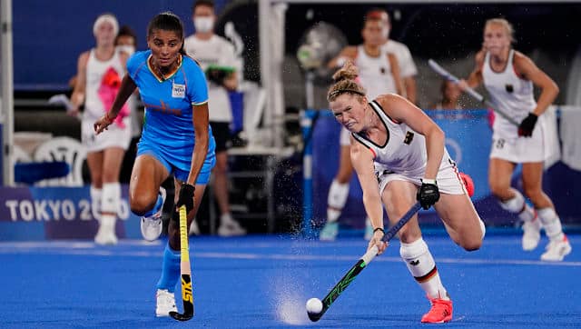 India’s Sharmila Devi and Germany’s Maike Schaunig in action during the teams’ faceoff in the women’s hockey Pool A clash. The Indians suffered 0-2 loss, which was their second straight defeat in the Olympics. AP 