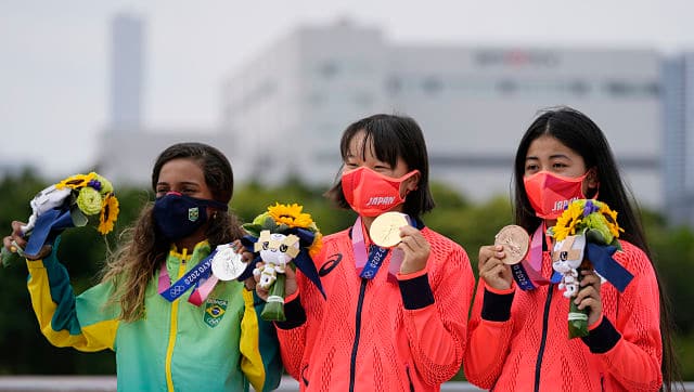 Japan’s Momiji Nishiya (Centre), Rayssa Leal of Brazil and Japan’s Funa Nakayama, all teenagers, clinched gold, silver and bronze respectively in the women’s street skateboarding finals. AP 