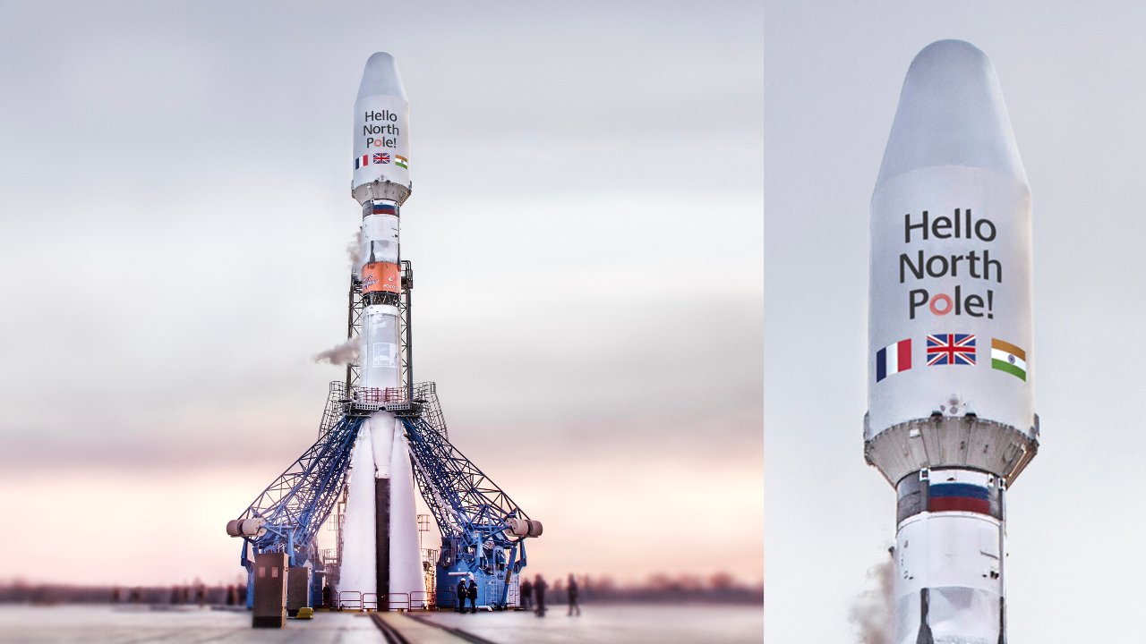 OneWeb's eight launch has the words “Hello North Pole” is branded on the Russian Soyuz rocket. Image credit: OneWeb 