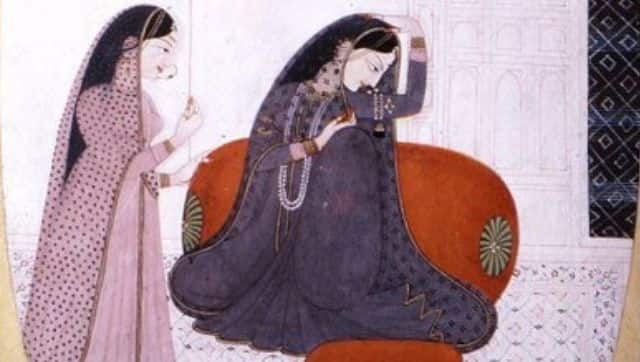 A proshitapatika laments about her suffering to her sakhi. Image via Wikimedia Commons