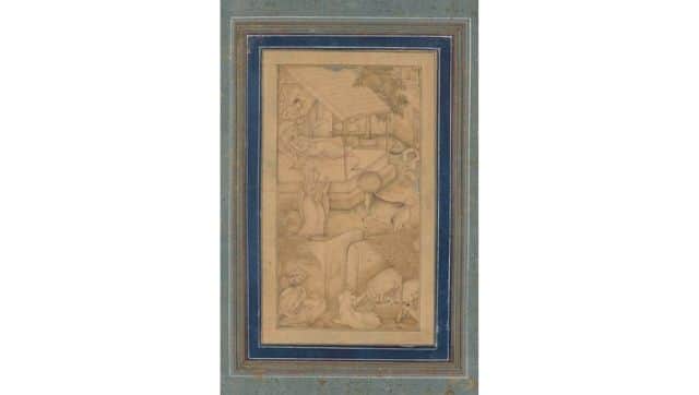 A woman mistakes a cow for the Angel of Death, from a Lights of Canopus (Anwar-i Suhaili) of Kashifi (Iranian, d. 1504), c. 1610. Mughal India, reign of Jahangir. Gum tempera on paper; painting: 19.7 x 10.2 cm (7 3/4 x 4 in.); framed: 38.1 x 26.7 cm (15 x 10 1/2 in.). The Cleveland Museum of Art, Gift of Michael Silver and Deborah Lader in memory of Rabbi Daniel Jeremy Silver 2019.81