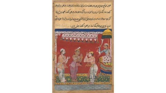 The king of the Ocean, having assumed human form, arrives at the court of the Raja, from a Tuti-nama (Tales of a Parrot): Eleventh Night, c. 1560. Ghulam 'Ali (Indian, active 1550s-1590s) Gum tempera, ink, and gold on paper; overall: 20 x 14.7 cm (7 7/8 x 5 13/16 in.); painting only: 11.5 x 10.3 cm (4 1/2 x 4 1/16 in.) The Cleveland Museum of Art, Gift of Mrs. A. Dean Perry 1962.279.92.a