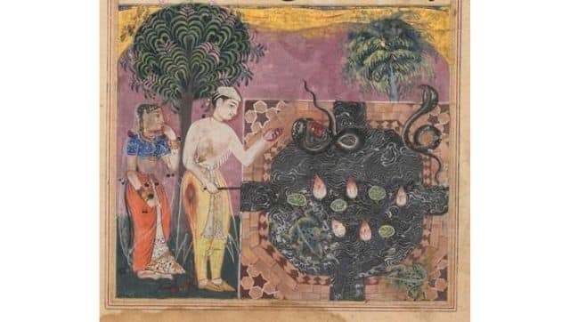 The prince, having deprived the snake of its natural food, a frog, feeds it with a piece of his own flesh, from a Tuti-nama (Tales of a Parrot): Eighteenth Night, c. 1560. India, Mughal, Reign of Akbar, 16th century Gum tempera, ink, and gold on paper; The Cleveland Museum of Art, Gift of Mrs. A. Dean Perry 1962.279.132.b