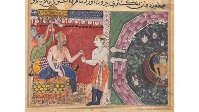 The prince, with the help of Mukhlis who changes into a frog, recovers the ring lost in the sea, and returns it to the king, from a Tuti-nama (Tales of a Parrot): Eighteenth Night, c. 1560. India, Mughal, Reign of Akbar, 16th century Gum tempera, ink, and gold on paper; The Cleveland Museum of Art, Gift of Mrs. A. Dean Perry 1962.279.135.b