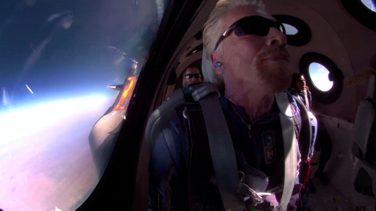 Richard Branson in space during his first spaceflight on Sunday. Image credit: Twitter/Virgin Galactic