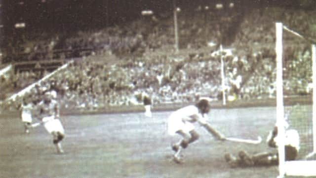 Balbir Singh Senior scores India's first goal in the final of 1948 Olympics against Great Britain in London. Image Courtesy: Balbir Singh Senior