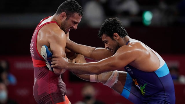 Deepak Punia battles against San Marino's Myles Amine in the 86 kg bronze medal match in Tokyo Olympics 2020. AP