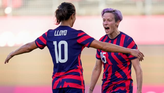 United States winger Megan Rapinoe celebrates with teammate Carli Lloyd after scoring against Australia in the women's football bronze medal match, which the Americans won 4-3. AP