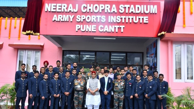 Defence Minister Rajnath Singh renames ASI Stadium after Neeraj Chopra, felicitates 'Defence Forces Olympians' Defence Minister Rajnath Singh renames ASI Stadium after Neeraj Chopra, felicitates 'Defence Forces Olympians'
