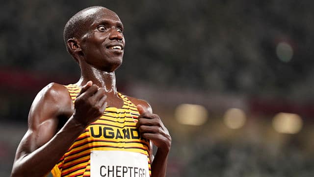 Joshua Cheptegei, of Uganda after winning the gold medal in the final of the men’s 5000m at the 2020 Summer Olympics. AP