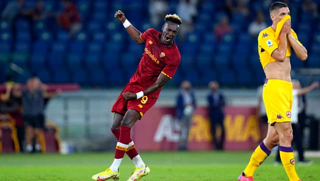 Roma’s Tammy Abraham, center, celebrates after teammate Jordan Veretout scored their side’s second goal. AP