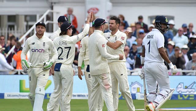 James Anderson celebrates the wicket of KL Rahul with his England teammates. With the wicket of Rahul, Anderson surpassed Anil Kumble as the third-highest wicket taken in Test history. Kumble has 619 Test wickets, and Rahul’s dismissal on Day three was Anderson’s 620th Test wicket. AP 