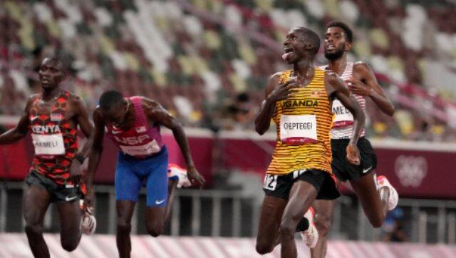 Uganda’s Joshua Cheptegei celebrates winning the men’s 5000m race. His victory comes a week after claiming silver in the men’s 10,000m race. AP 