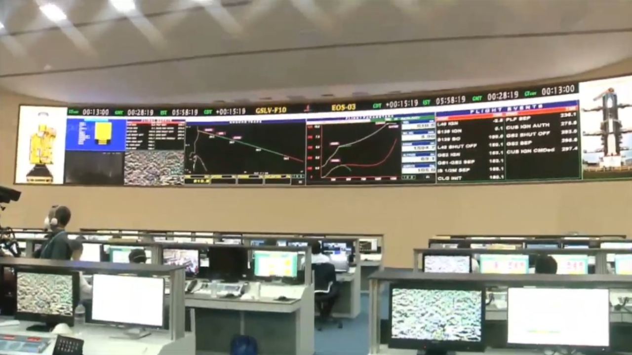 Screengrab of ISRO's mission control during the EOS-03 launch mission. Image credit: ISRO/YouTube/Karthik Naren