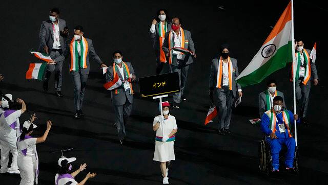 The Indian contingent at the Tokyo Paralympics opening ceremony. AP 