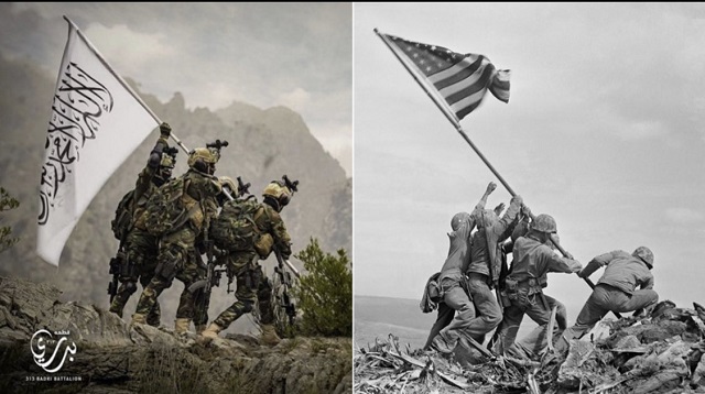 Taliban fighters recreate famous Iwo Jima photograph to mock the US Taliban fighters recreate famous Iwo Jima photograph to mock the US