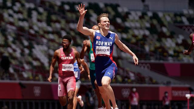 Norway’s Karsten Warholm set a new record of 45.94, en route to gold medal in the 400m men’s hurdle race. AP 