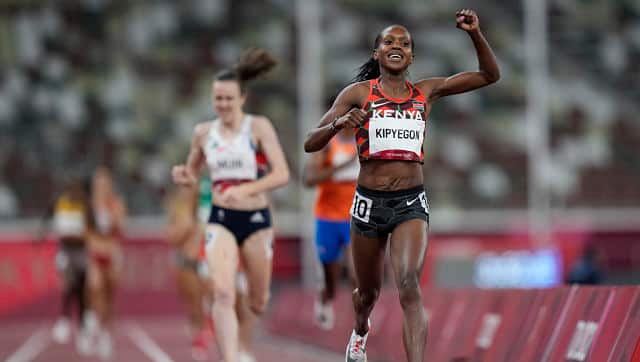Faith Kipyegon, of Kenya shattered an Olympic record to claim victory in the women’s 1,500m event. She set a new Olympic record time of three minutes 53.11 seconds. AP 